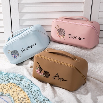 Custom Name Birth Flower Yarn Hook Travel Makeup Bag, Open Flat Leather Cosmetic Bag with Divider & Handle, Gift for Knitting Lovers/Crocheters/Women