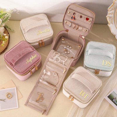 Personalized Name Leather Travel Jewelry Case, Velvet Jewelry Box with Removable Inner Pockets, Bridal Party Favor, Birthday Gift for Women/Girls
