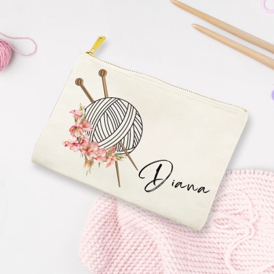 Personalized Birth Flower Yarn & Hook Bag with Name, Canvas Knitting Needle Zippered Storage Bag, Birthday/Christmas Gift for Knitting Lovers/Women