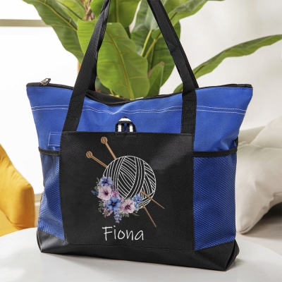 Personalized Name Birth Flower Knitting Yarn Ball Tote Bag, Large Capacity Oxford Cloth Handbag with Mesh Pocket, Gift for Knitting Lovers/Women