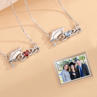 Personalized Heart Shaped Birthstone Bachelor Cap Necklace with Name, Class of 2025 Necklace, Dainty Jewelry, Graduation Gift for Her/Family/Friends