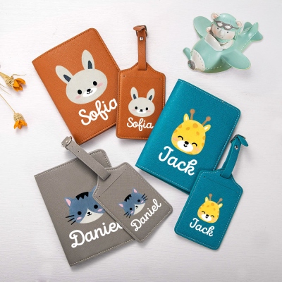 Personalized Name Cartoon Animal Passport Holder Set, Leather Passport Cover & Luggage Tag, Travel Accessories, Birthday Gift for Kids/Boys/Girls