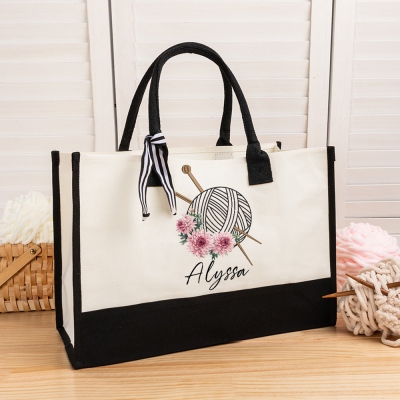 Custom Name Birth Flower Yarn Ball Tote Bag, Large Capacity Canvas Handbag with Ribbon, Birthday/Mother's Day Gift for Knitting Lovers/Mom/Women