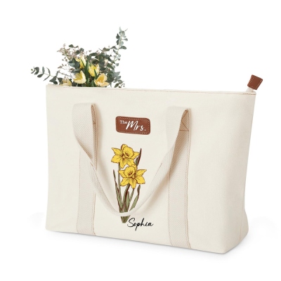 Personalized Watercolor Birth Flower & Name Tote Bag, Large Capacity Canvas Tote Bag, Travel Accessory, Birthday Gift for Women/Girl/Her