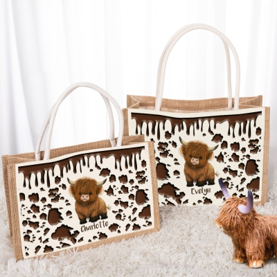 Personalized Cartoon Highland Cow Tote Bag with Name, Large Capacity Jute Handbag, Birthday/Christmas Gift for Highland Cow Lovers/Women/Girls
