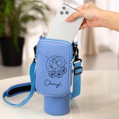 Sac porte-bouteille personnalisé avec nom et signe du zodiaque, pochette porte-gobelet avec sangle, compatible avec les gobelets de 113 cl, cadeau d'anniversaire pour femmes et filles