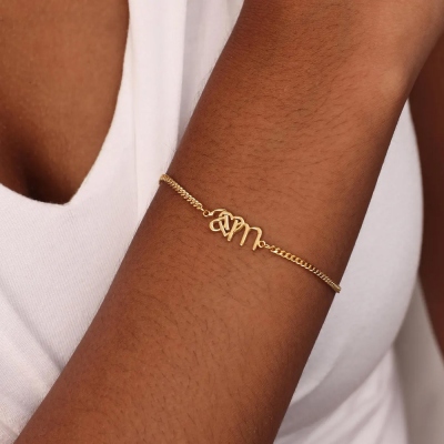 Custom Double Initials Bracelet with Heart/Paw Print Charm, Interlocking Letters Friendship Jewelry, Birthday/Anniversary Gift for Friends/Couples