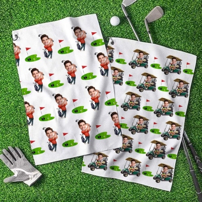 Personalized Face Photo Golf Towel, Absorbent Waffle Weave Sports Towel with Hanging Clip, Birthday/Father's Day Gift for Him/Dad/Golf Lovers/Players