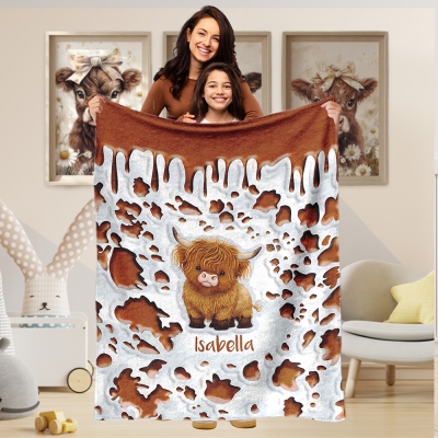 Personalized Name Highland Cow Flannel/Sherpa Blanket, Soft Swaddle & Baby Hat Set, Nursery Blanket, Birthday/Baby Shower Gift for Kids/Newborns