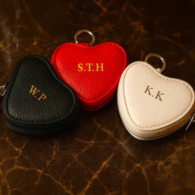 Personalized Heart Shaped Coin Purse with Name, Custom Genuine Leather Card Wallet with Keyring, Birthday/Wedding Gift for Her/Couples/Bridesmaids