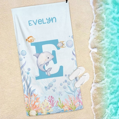 Personalized Name & Initial Cartoon Sea Animal Beach Towel, Quick Dry Microfiber Bath Towel, Vacation/Beach/Pool Party Favor, Gift for Kids/Boys/Girls