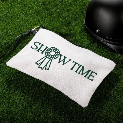 Personalized Name Horse Show Medal Cosmetic Bag, Linen Makeup Pouch with Wrist Strap, Travel Accessory, Gift for Horse Lovers/Equestrians/Riders