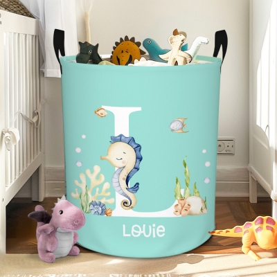 Custom Name & Initial Sea Animal Collapsible Storage Basket with Handle, Large Capacity Laundry Basket for Bathroom/Nursery/Living Room, Gift for Kids