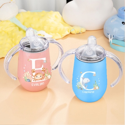 Personalized Name & Initial Sea Animal Sippy Cup, 10oz Insulated Egg-Shaped Water Cup with Handles & Lid, Baby Shower/Birthday Gift for Kids/Toddlers