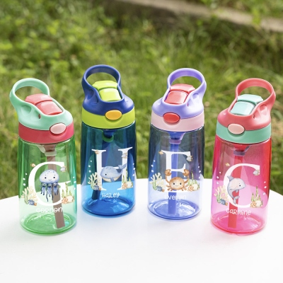 Custom Name & Initial Sea Animal Water Bottle, 16oz Children's Cup with Silicone Straw & Handle, Back to School/Birthday Gift for Kids/Boys/Girls