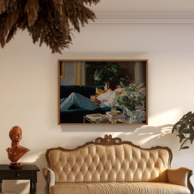 Relaxing Man on Couch Wall Art – Custom Framed or Unframed Canvas Print, Cozy Home Decor, Classic Oil Painting Style