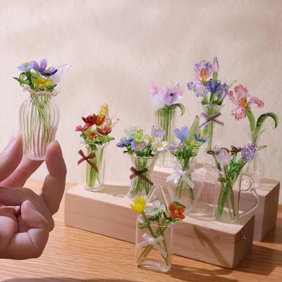 Mini Glass Flower Bouquet, Cute Birth Flowers in Glass Vase, Car Interior Ornament, Home Decor, Mother's Day/Birthday Gift for Mom/Grandma/Women