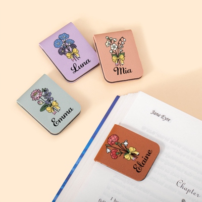 Personalized Name Birth Flower Pencil Bow Magnetic Bookmark, Teacher's Leather Bookmark Clip, Book Accessory, Gift for Teachers/Book Lovers/Readers