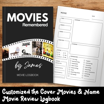 Personalized Movie Review Logbook & Journal, Custom Name and Cover Movies Notebook, Movie Tracker Paperback, Birthday/Christmas Gift for Movie Lovers