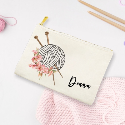 Personalized Birth Flower Yarn & Hook Bag with Name, Canvas Knitting Needle Zippered Storage Bag, Birthday/Christmas Gift for Knitting Lovers/Women