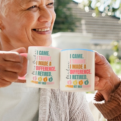 Custom Name & Year Proud Teacher Retirement Mug with Coaster, 11/15oz Two Tone Ceramic Coffee Tea Mug, Teacher's Day/Appreciation Gift for Teachers