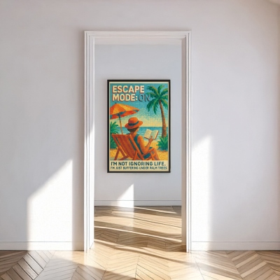 Sunset Beach Wall Art – Relaxing Reading Print, Summer Coastal Decor, Oil Painting Style Poster, Framed or Unframed Gift for Art Lovers