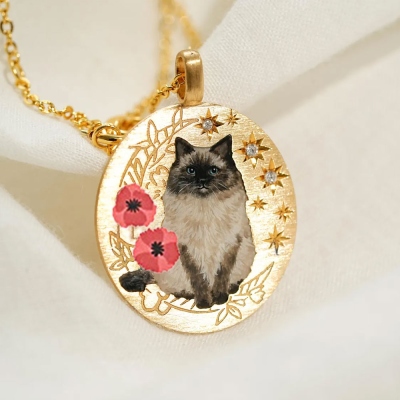 Custom Pet Photo Necklace with Birth Flower, Dog Cat Portrait Disc Pendant Necklace, Pet Loss Jewelry, Memorial/Anniversary Gift for Pet Mom/Owners