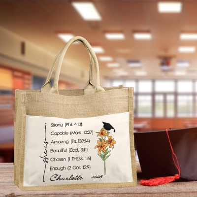 Custom Name Bible Verses Graduation Cap Birth Flower Tote Bag, Large Capacity Jute Bag with Cotton Pocket, Graduation Gift for Her/Family/Friends