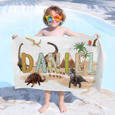 Custom Name Cartoon Dinosaur Beach Towel, Quick Dry Microfiber Bath Towel, Vacation/Beach/Pool Party Favor, Gift for Kids/Boys/Girls/Animal Lovers