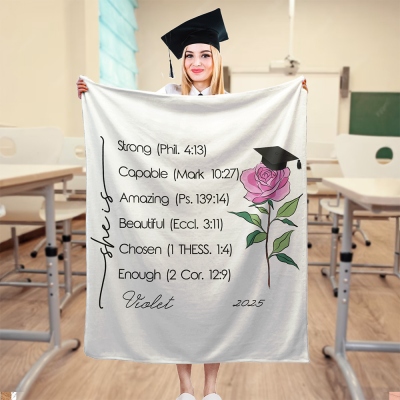 Custom Name Bible Verses Graduation Cap Birth Flower Blanket, Flannel/Sherpa Soft Bed Couch Throw, Home Decor, Graduation Gift for Her/Family/Friends