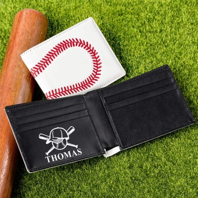 Personalized Baseball Leather Bi-Fold Wallet for Men, Stitch Wallet with Baseball Pattern, Birthday Gift for Baseball Fans/Players/Coaches/Him/Husband