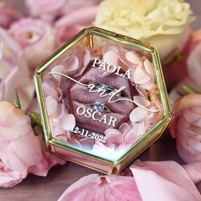 Personalized Wedding Ring Box for Ceremony, Velvet Jewelry Box 2 Slots for Proposal Engagement, Vintage Ring Bearer Holder, Gift for Newlyweds/Couples