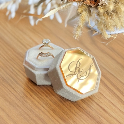 Personalized Velvet Wedding Ring Box, 2 Slot Jewelry Box for Proposal Engagement Ceremony, Vintage Ring Bearer Case, Gifts for Newlyweds/Couples/Bride