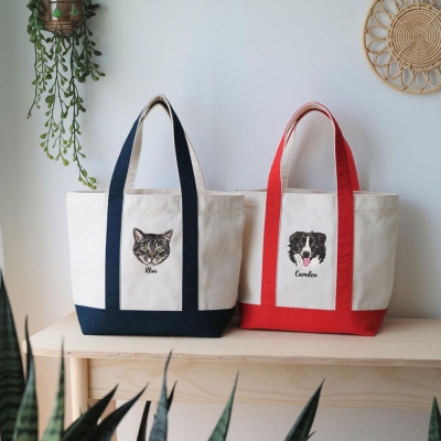 Personalized Embroidered Pet Portrait Tote Bag with Name, Custom Dog Cat Face Photo Canvas Handbag, Remembrance/Sympathy/Pet Loss Gift for Pet Owners