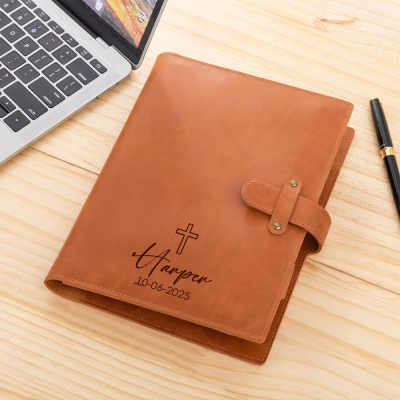 Custom Name Cross Leather Notebook & Cover, Sketchbook Cover for Pen Stationery Storage, Notebook Pad Case, Birthday/Baptism Gift for Family/Friends