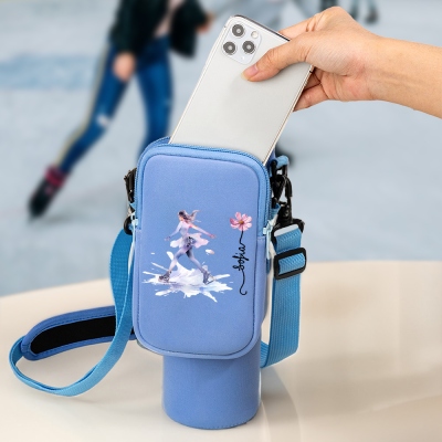 Custom Name Birth Flower Figure Skating Girl Water Bottle Carrier Bag, Cup Holder Pouch with Strap, Compatible with 40oz Tumbler, Gift for Women/Girls