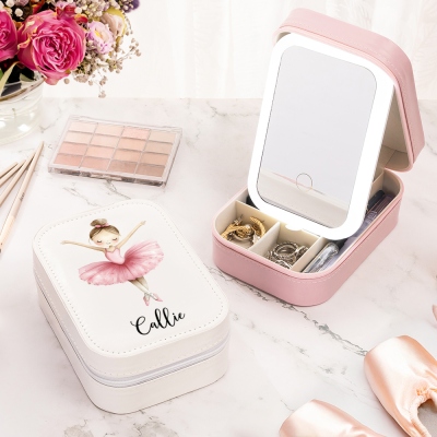 Personalized Name Cartoon Ballerina Girl Makeup Box with Three-Color LED Light Mirror, Travel Makeup Jewelry Box, Gift for Women/Ballet Lovers