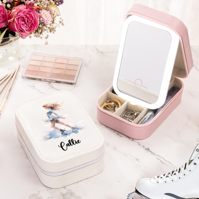 Personalized Name Figure Skating Girl Makeup Box with Three-Color LED Light Mirror, Travel Makeup Jewelry Box, Gift for Girls/Skating Lovers