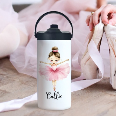 Custom Name Cartoon Ballerina Girl Water Bottle, Stainless Steel 15oz Kids' Tumbler with Silicone Straw & Handle, Birthday/Christmas Gift for Girls