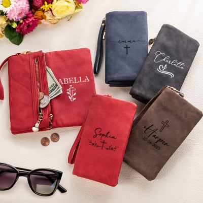 Personalized Name Cross Tri-Fold Wallet, Leather Wallet Card Phone Holder with Wrist Strap, Birthday/Baptism/Christmas Gift for Christian Women