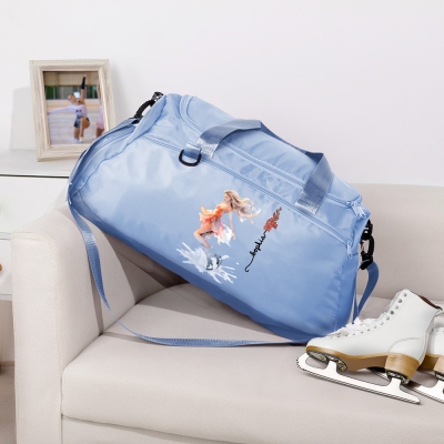 Custom Name Birth Flower Figure Skating Girl Duffle Bag, Waterproof Weekender Bag, Overnight Bag with Shoulder Strap, Gift for Skating Lovers/Girls