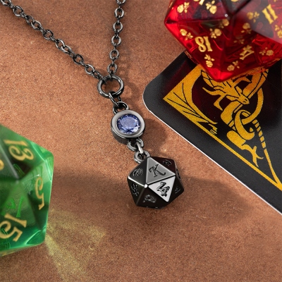 Personalized Dice D20 Necklace with Birthstone, Silver Necklace, Brass Necklace, Charm Necklace Valentines Gift, DND Jewelry Gift for Her