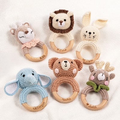 Personalized Crochet Baby Rattle Toy, Custom Name Wooden Infant Teethers, Knitted Stuffed Animal Toy, Baby Shower/Birthday Gift for Newborn/Girls/Boys