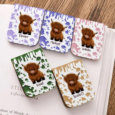 Personalized Name Highland Cow Magnetic Bookmark, Leather Bookmark Clip, Book Accessory, Gift for Highland Cow Lovers/Book Lovers/Readers/Librarians