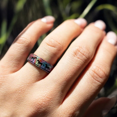 Personalized Engraved Name Grazing Horses Ring, Custom Horses Silicone Ring in Rainbow, Dainty Jewelry, Wedding/Anniversary Gift for Horse Lovers/Her