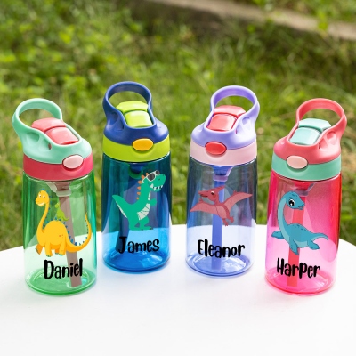 Personalized Name Cartoon Dinosaur Water Bottle, 16oz Children's Cup with Silicone Straw & Handle, Birthday/Back to School Gift for Kids/Boys/Girls