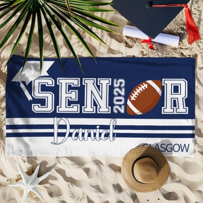 Personalized Name Senior Sports Ball Beach Towel, Quick Dry Microfiber High School/College Grad Towel Class of 2025, Gift for Graduates/Sports Lovers