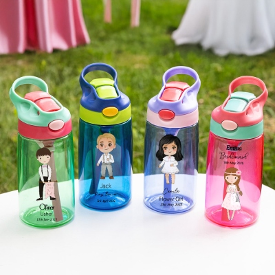 Custom Name Cartoon Flower Girl/Page Boy Water Bottle, 16oz Children's Cup with Silicone Straw & Handle, Wedding Party Favor, Wedding Gift for Kids