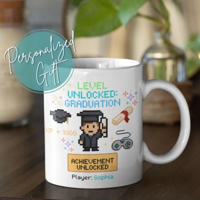 Personalized Pixel Graduation Character Mug with Name, 11oz/15oz Level Unlocked Ceramic Mug, Graduation Party Favors, Gift for Gamers/Students