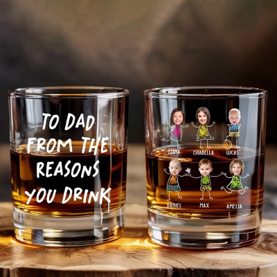 Personalized Wine Glass with 1-9 Kids Face Photo & Name, From the Reasons You Drink Whiskey Glass, Father's Day/Birthday Gift for Dad/Mom/Family